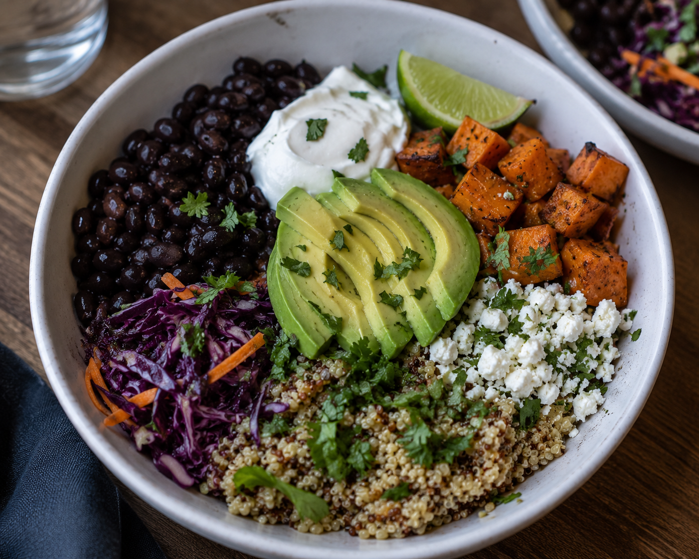 Bols mexicains haricots noirs, patate douce et avocat